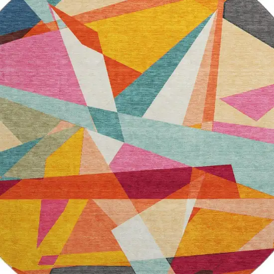 8' X 8' Orange Red Blue And Gold Geometric Washable Round Rug With UV Protection Photo 2