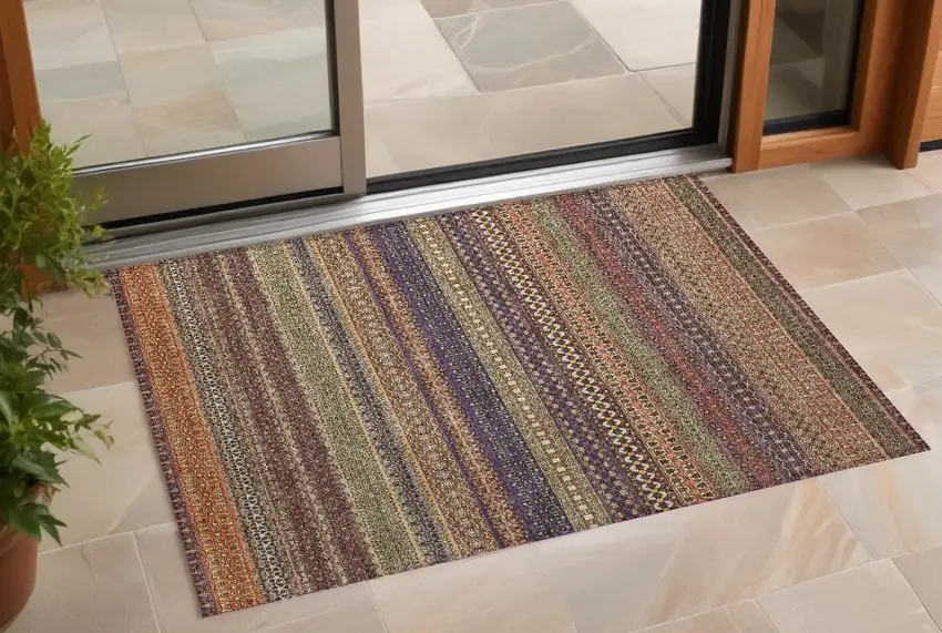 Orange Striped Washable Non Skid Indoor Outdoor Area Rug Photo 1