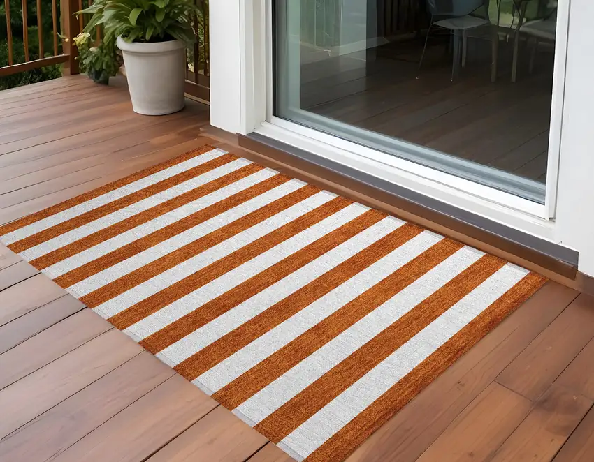 3' X 4' Orange Striped Washable Non Skid Indoor Outdoor Area Rug Photo 1