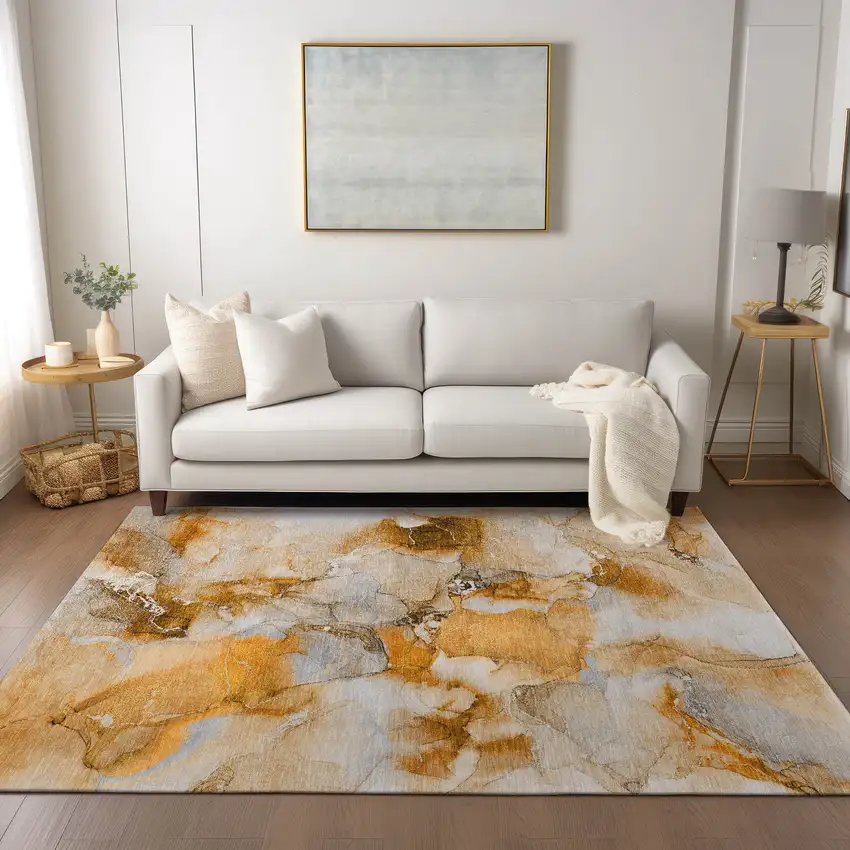 Orange and Ivory Abstract Washable Indoor Outdoor Area Rug Photo 8