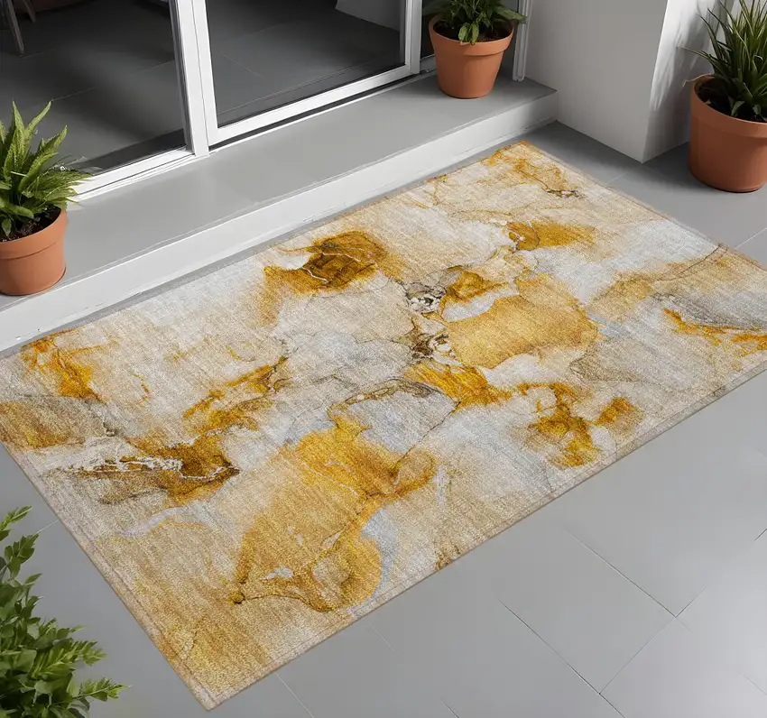 Orange and Ivory Abstract Washable Indoor Outdoor Area Rug Photo 1