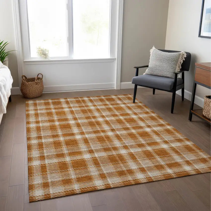 Orange And Ivory Plaid Washable Indoor Outdoor Area Rug Photo 9