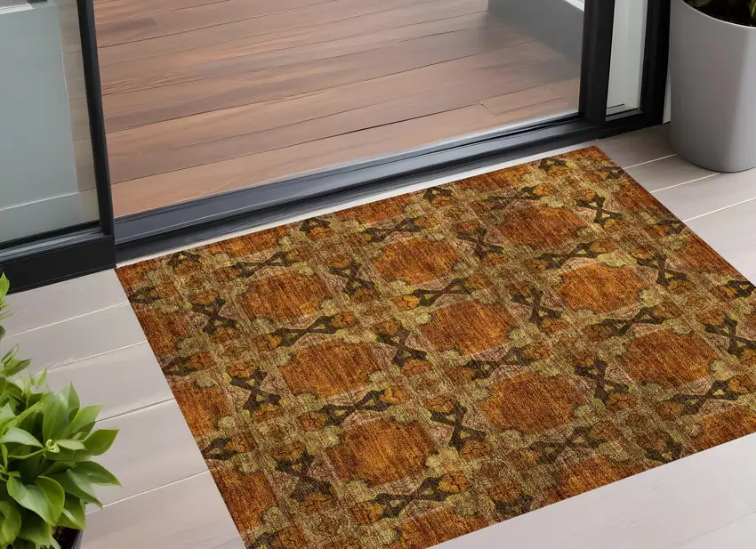 3' X 4' Orange and Rust Floral Medallion Washable Non Skid Indoor Outdoor Area Rug Photo 1