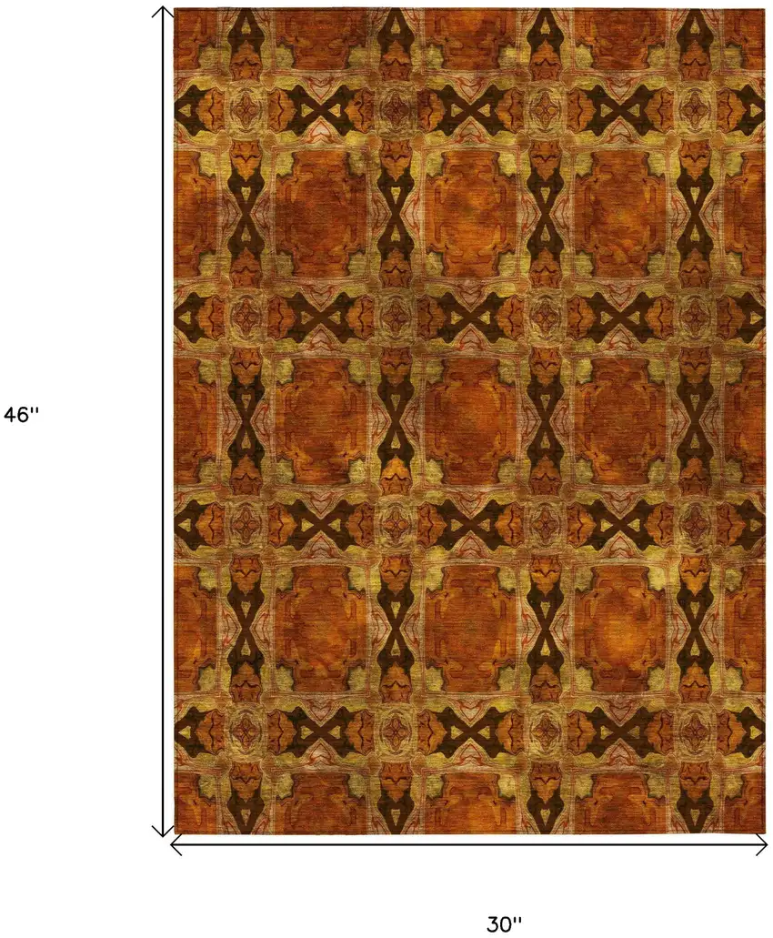 Orange and Rust Floral Medallion Washable Non Skid Indoor Outdoor Area Rug Photo 3
