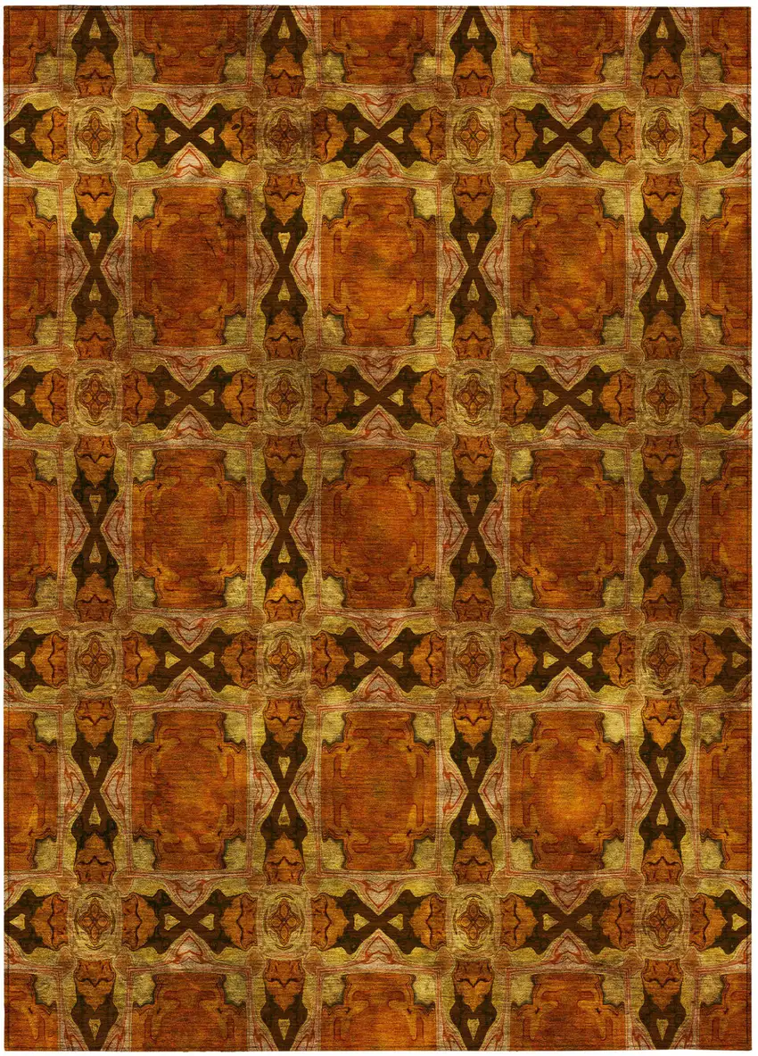 Orange and Rust Floral Medallion Washable Non Skid Indoor Outdoor Area Rug Photo 2