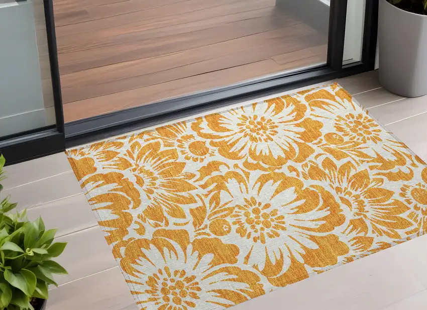 Orange and White Floral Washable Non Skid Indoor Outdoor Area Rug Photo 1