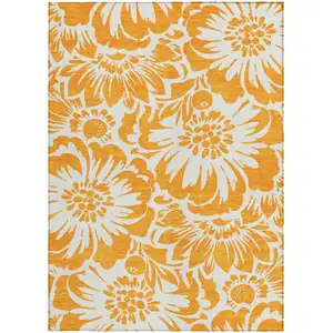 Photo of 3' X 4' Orange and White Floral Washable Non Skid Indoor Outdoor Area Rug