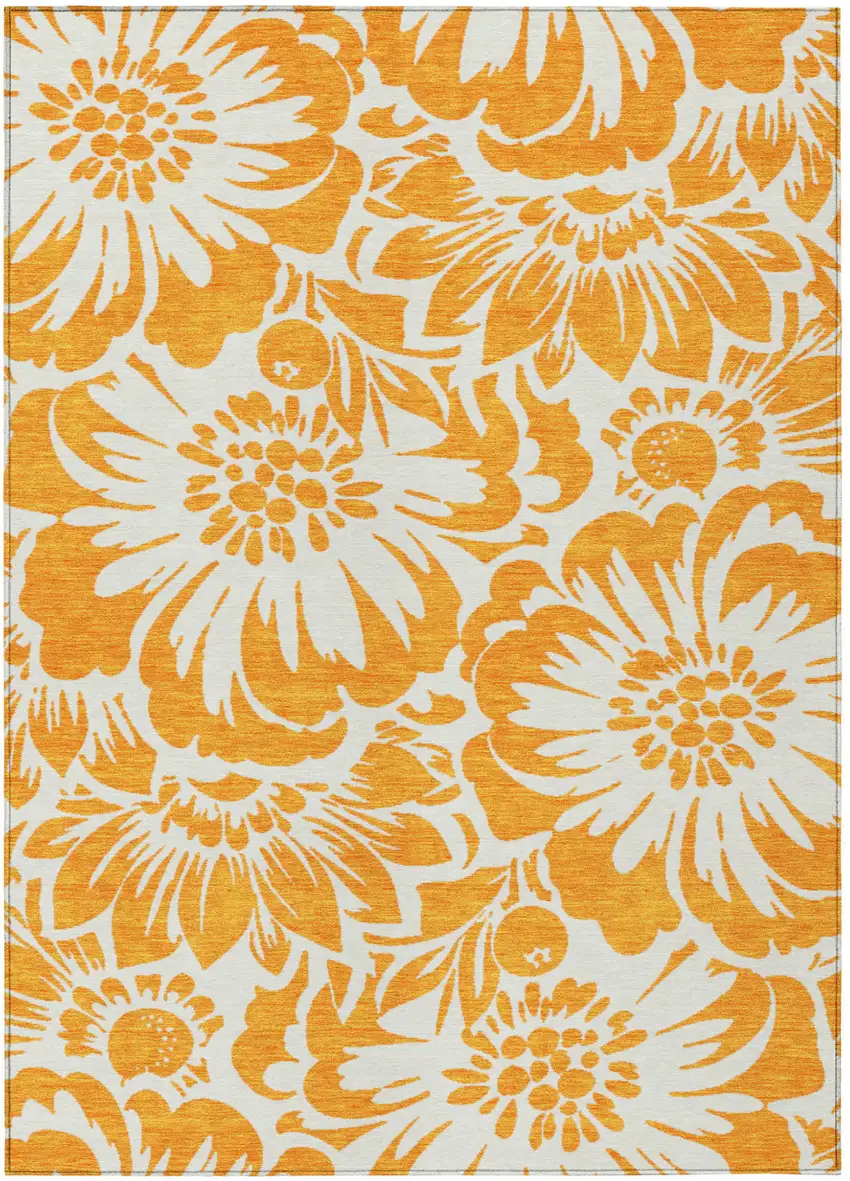 Orange and White Floral Washable Non Skid Indoor Outdoor Area Rug Photo 2