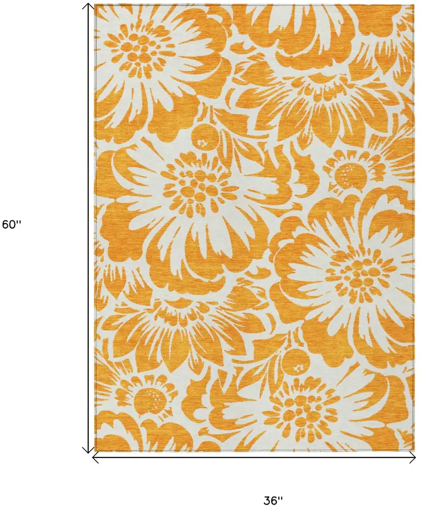 Orange and White Floral Washable Non Skid Indoor Outdoor Area Rug Photo 3