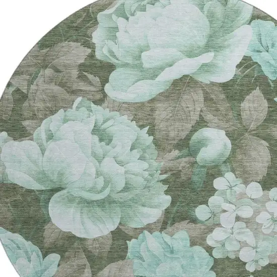 8' X 8' Pale Aqua And Brown Floral Washable Round Rug With UV Protection Photo 2