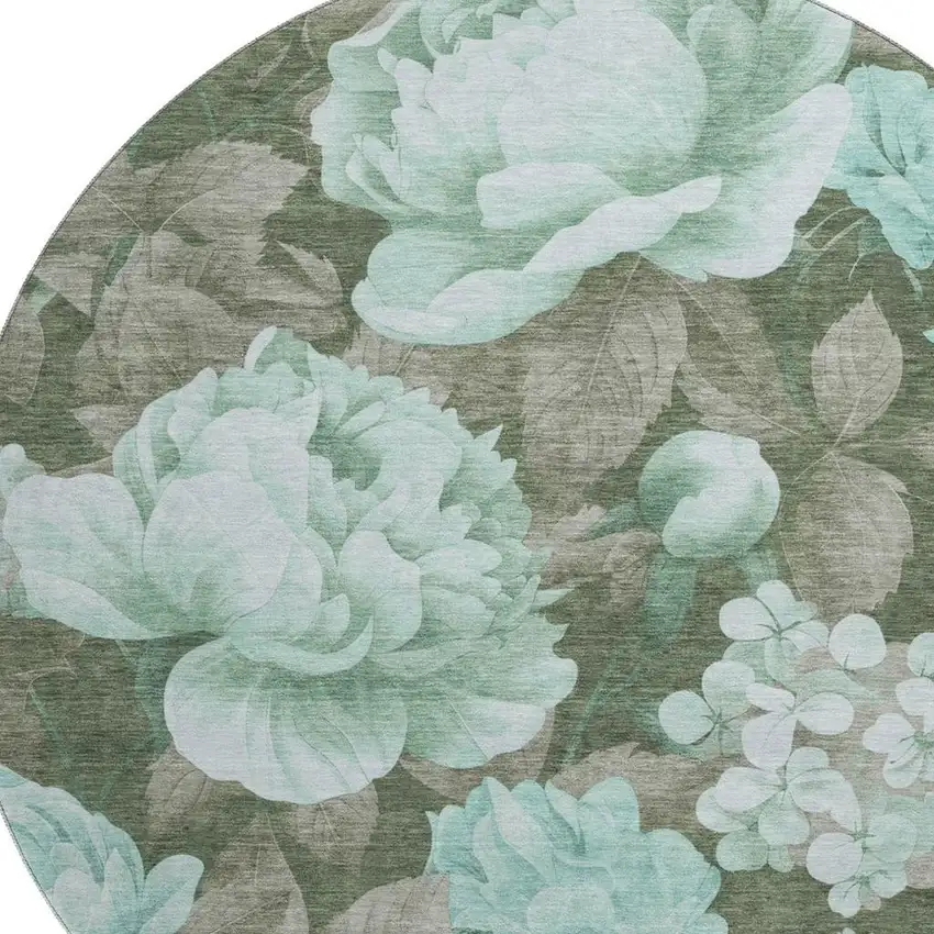 8' X 8' Pale Aqua And Brown Floral Washable Round Rug With UV Protection Photo 2