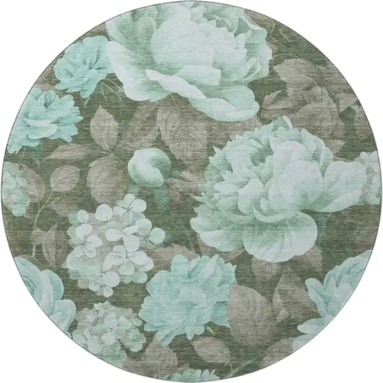 8' X 8' Pale Aqua And Brown Floral Washable Round Rug With UV Protection Photo 3