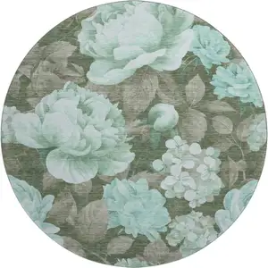 Photo of 8' X 8' Pale Aqua And Brown Floral Washable Round Rug With UV Protection
