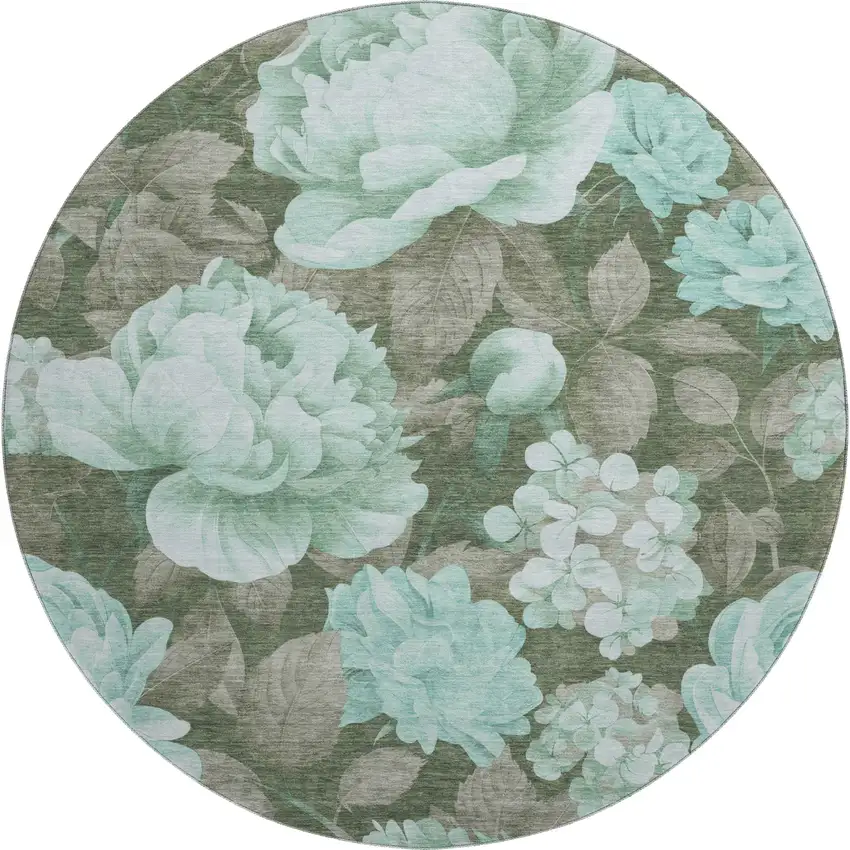 8' X 8' Pale Aqua And Brown Floral Washable Round Rug With UV Protection Photo 1