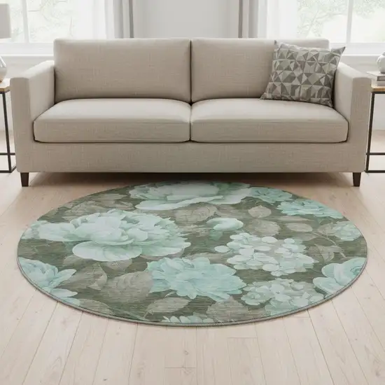 8' X 8' Pale Aqua And Brown Floral Washable Round Rug With UV Protection Photo 2