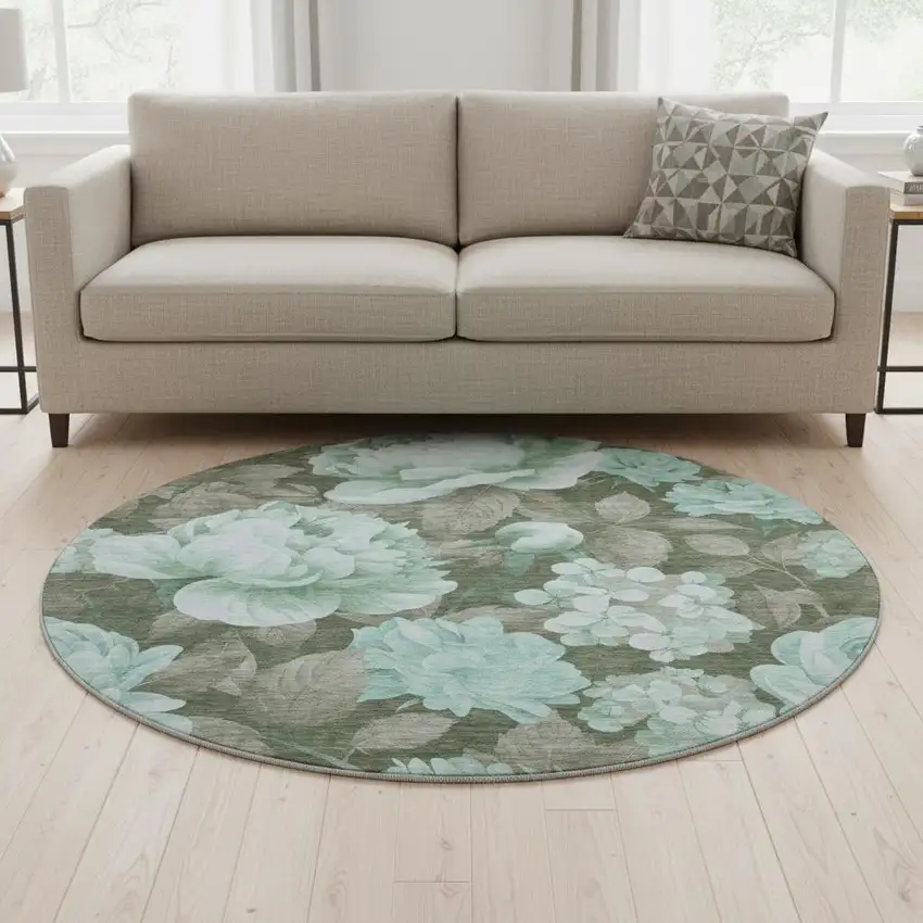8' X 8' Pale Aqua And Brown Floral Washable Round Rug With UV Protection Photo 2