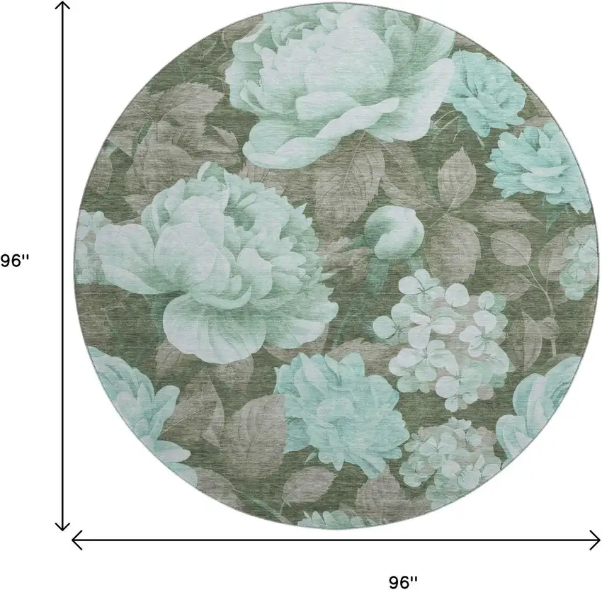 8' X 8' Pale Aqua And Brown Floral Washable Round Rug With UV Protection Photo 9