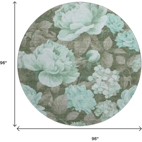 8' X 8' Pale Aqua And Brown Floral Washable Round Rug With UV Protection Photo 9