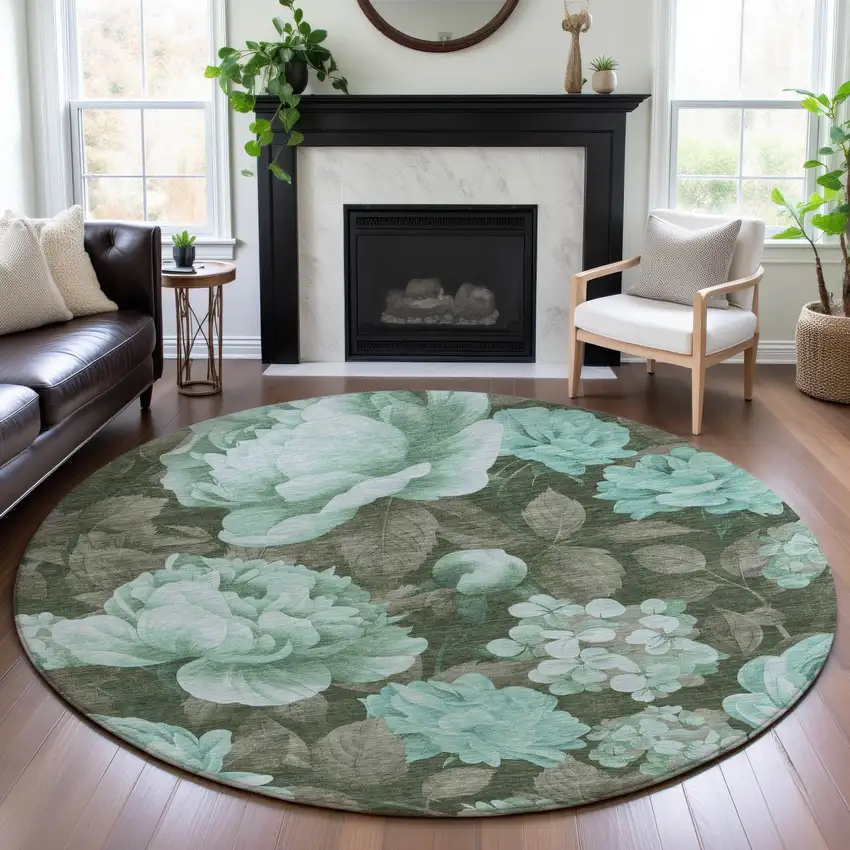 8' X 8' Pale Aqua And Brown Floral Washable Round Rug With UV Protection Photo 4