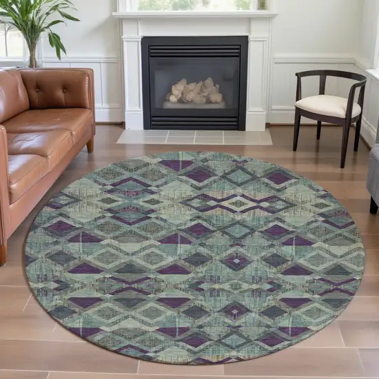8' X 8' Pale Aqua And Purple Geometric Washable Round Rug With UV Protection Photo 4
