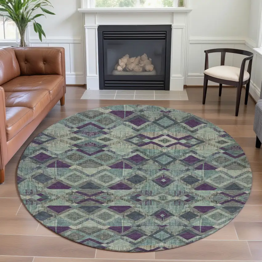 8' X 8' Pale Aqua And Purple Geometric Washable Round Rug With UV Protection Photo 4