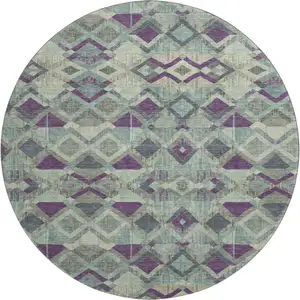 Photo of 8' X 8' Pale Aqua And Purple Geometric Washable Round Rug With UV Protection