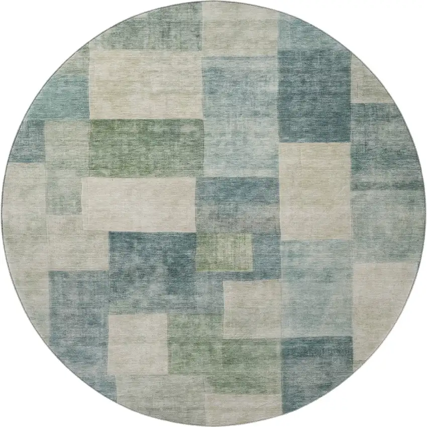 8' X 8' Pale Aqua Blue And Ivory Geometric Washable Round Rug With UV Protection Photo 3