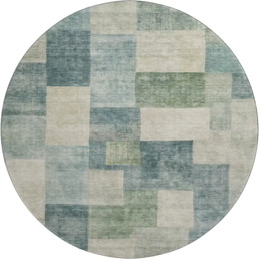 8' X 8' Pale Aqua Blue And Ivory Geometric Washable Round Rug With UV Protection Photo 1