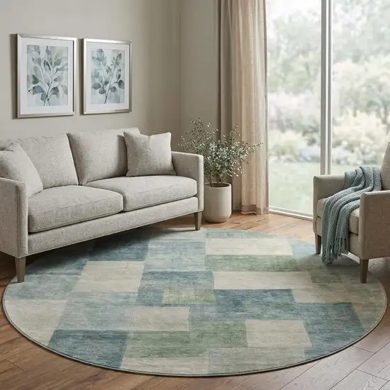 8' X 8' Pale Aqua Blue And Ivory Geometric Washable Round Rug With UV Protection Photo 1