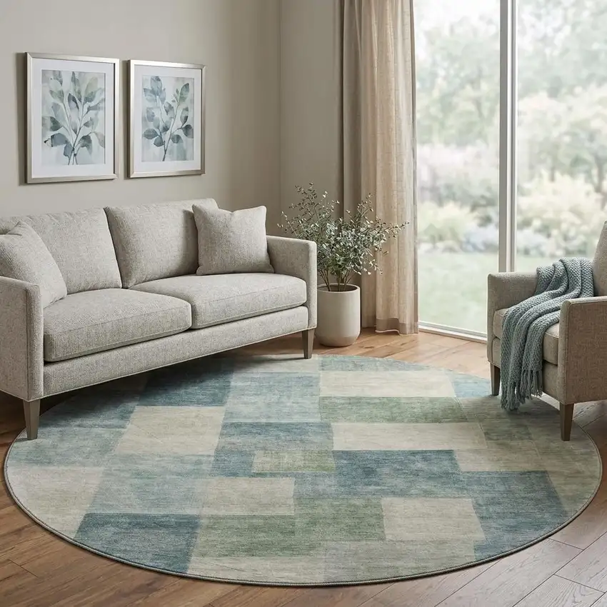 8' X 8' Pale Aqua Blue And Ivory Geometric Washable Round Rug With UV Protection Photo 1