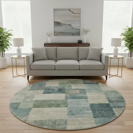 8' X 8' Pale Aqua Blue And Ivory Geometric Washable Round Rug With UV Protection Photo 2