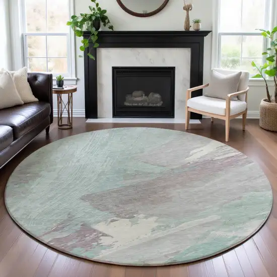 8' X 8' Pale Aqua Gray And Silver Abstract Washable Round Rug With UV Protection Photo 4