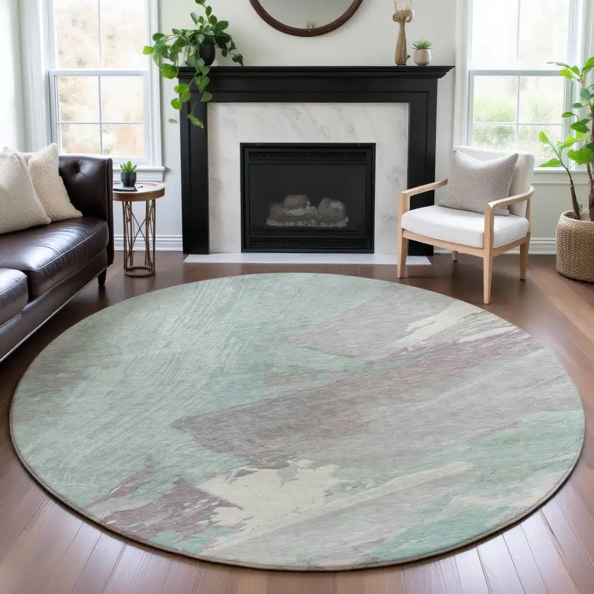8' X 8' Pale Aqua Gray And Silver Abstract Washable Round Rug With UV Protection Photo 4