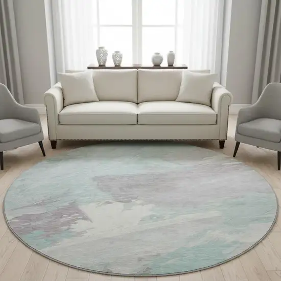 8' X 8' Pale Aqua Gray And Silver Abstract Washable Round Rug With UV Protection Photo 2