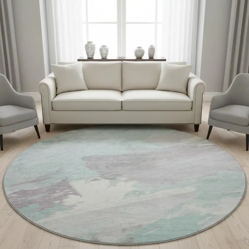 8' X 8' Pale Aqua Gray And Silver Abstract Washable Round Rug With UV Protection Photo 2
