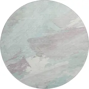 Photo of 8' X 8' Pale Aqua Gray And Silver Abstract Washable Round Rug With UV Protection