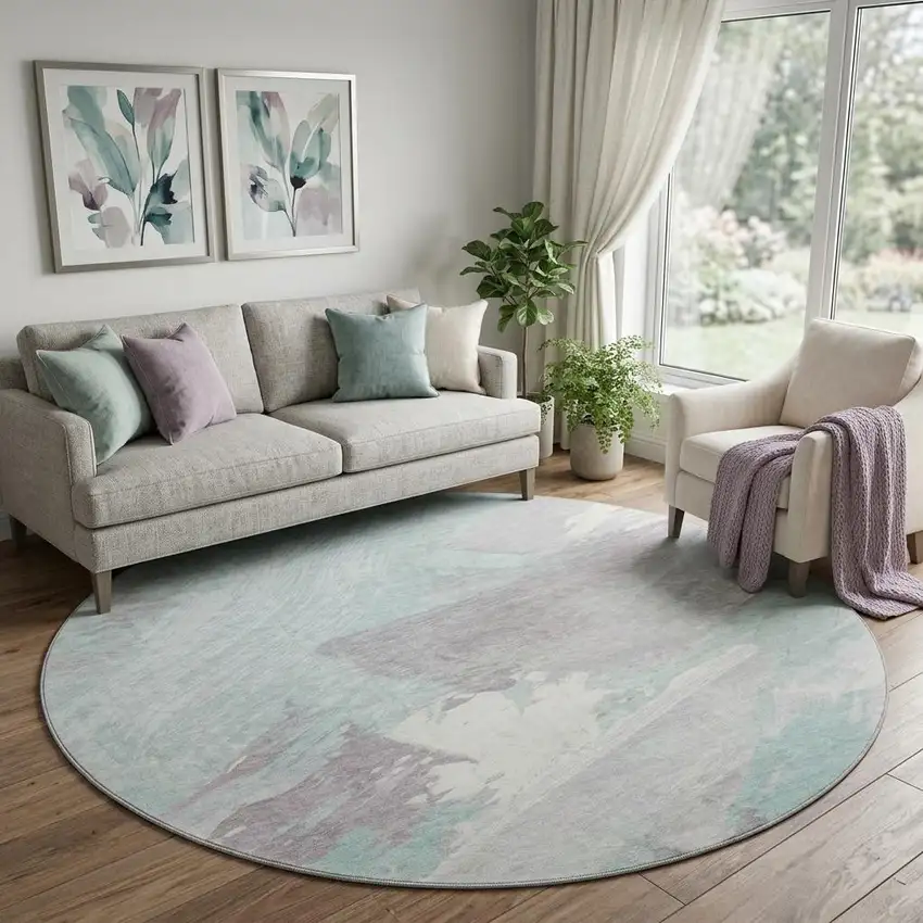 8' X 8' Pale Aqua Gray And Silver Abstract Washable Round Rug With UV Protection Photo 1
