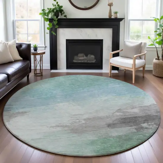8' X 8' Pale Aqua Gray And Silver Abstract Washable Round Rug With UV Protection Photo 4