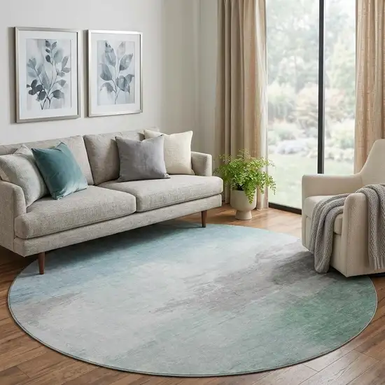 8' X 8' Pale Aqua Gray And Silver Abstract Washable Round Rug With UV Protection Photo 1