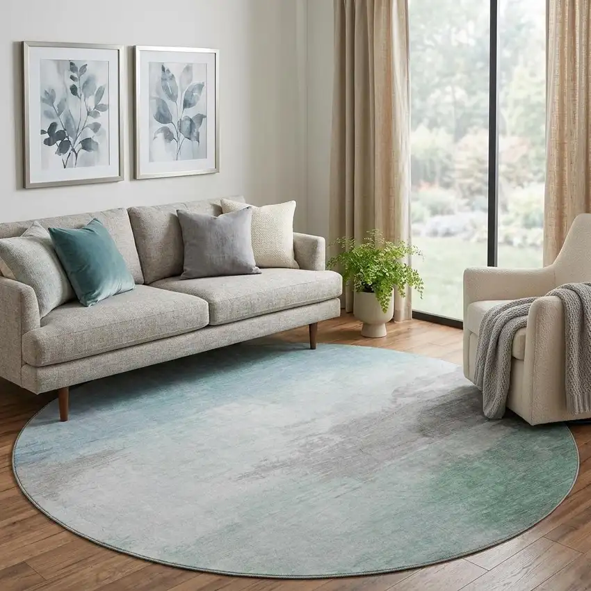 8' X 8' Pale Aqua Gray And Silver Abstract Washable Round Rug With UV Protection Photo 1