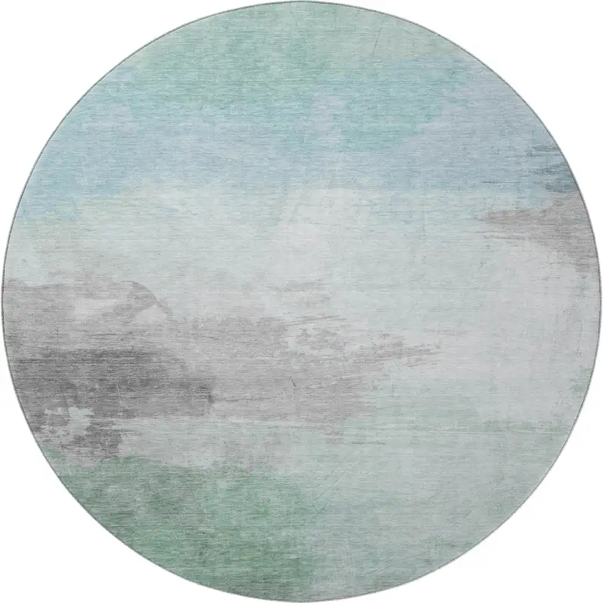 8' X 8' Pale Aqua Gray And Silver Abstract Washable Round Rug With UV Protection Photo 3