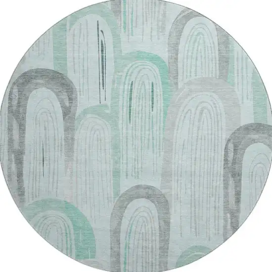 8' X 8' Pale Aqua Gray And Silver Geometric Washable Round Rug With UV Protection Photo 3