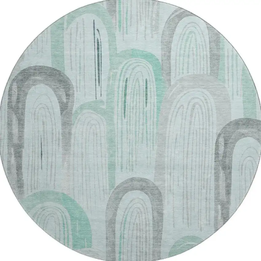 8' X 8' Pale Aqua Gray And Silver Geometric Washable Round Rug With UV Protection Photo 3