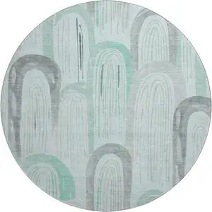 Photo of 8' X 8' Pale Aqua Gray And Silver Geometric Washable Round Rug With UV Protection