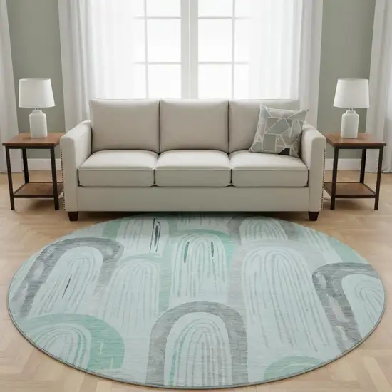 8' X 8' Pale Aqua Gray And Silver Geometric Washable Round Rug With UV Protection Photo 2