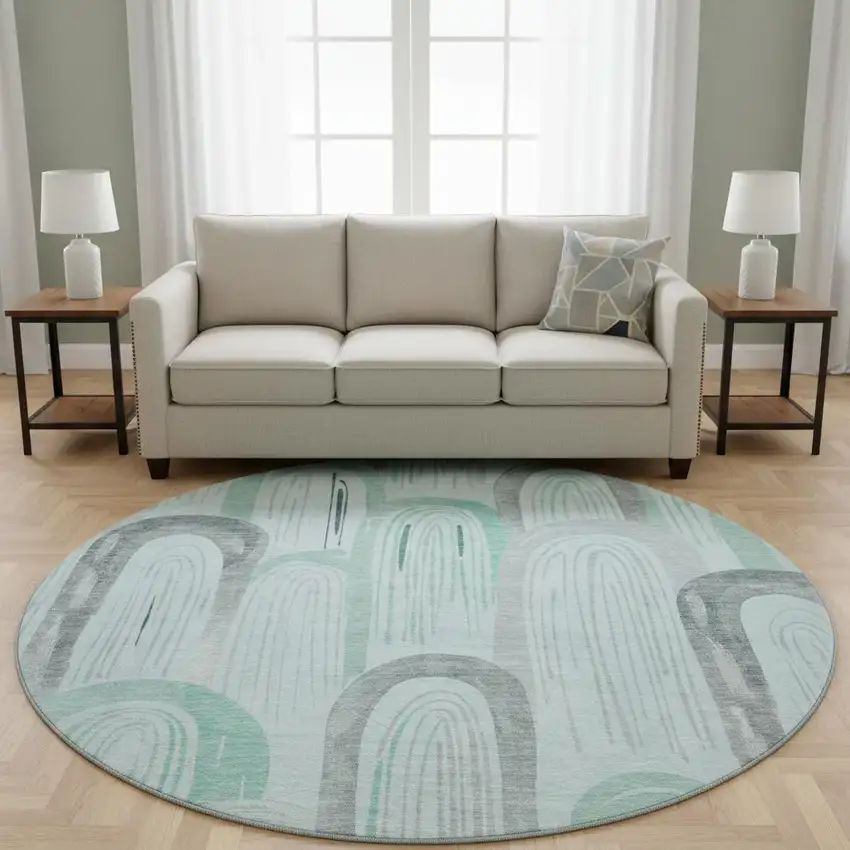 8' X 8' Pale Aqua Gray And Silver Geometric Washable Round Rug With UV Protection Photo 2