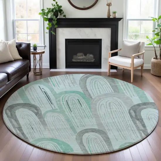 8' X 8' Pale Aqua Gray And Silver Geometric Washable Round Rug With UV Protection Photo 4