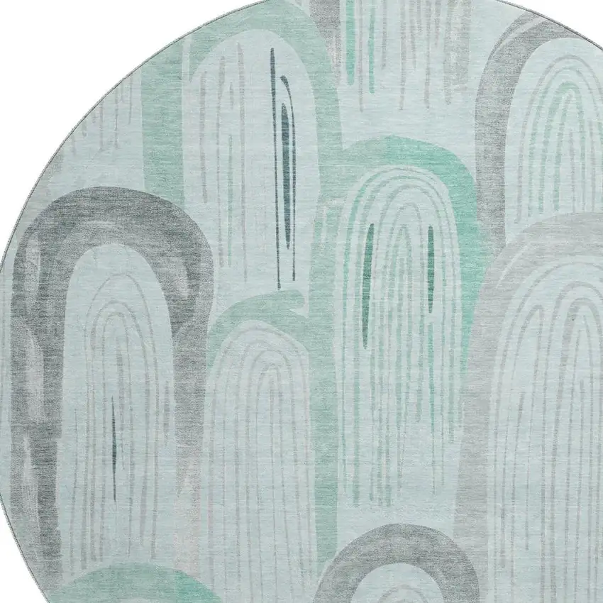 8' X 8' Pale Aqua Gray And Silver Geometric Washable Round Rug With UV Protection Photo 2