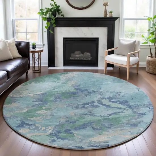 8' X 8' Pale Aqua Ivory And Gray Abstract Washable Round Rug With UV Protection Photo 4