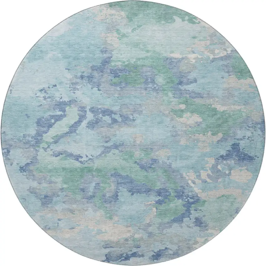 8' X 8' Pale Aqua Ivory And Gray Abstract Washable Round Rug With UV Protection Photo 3